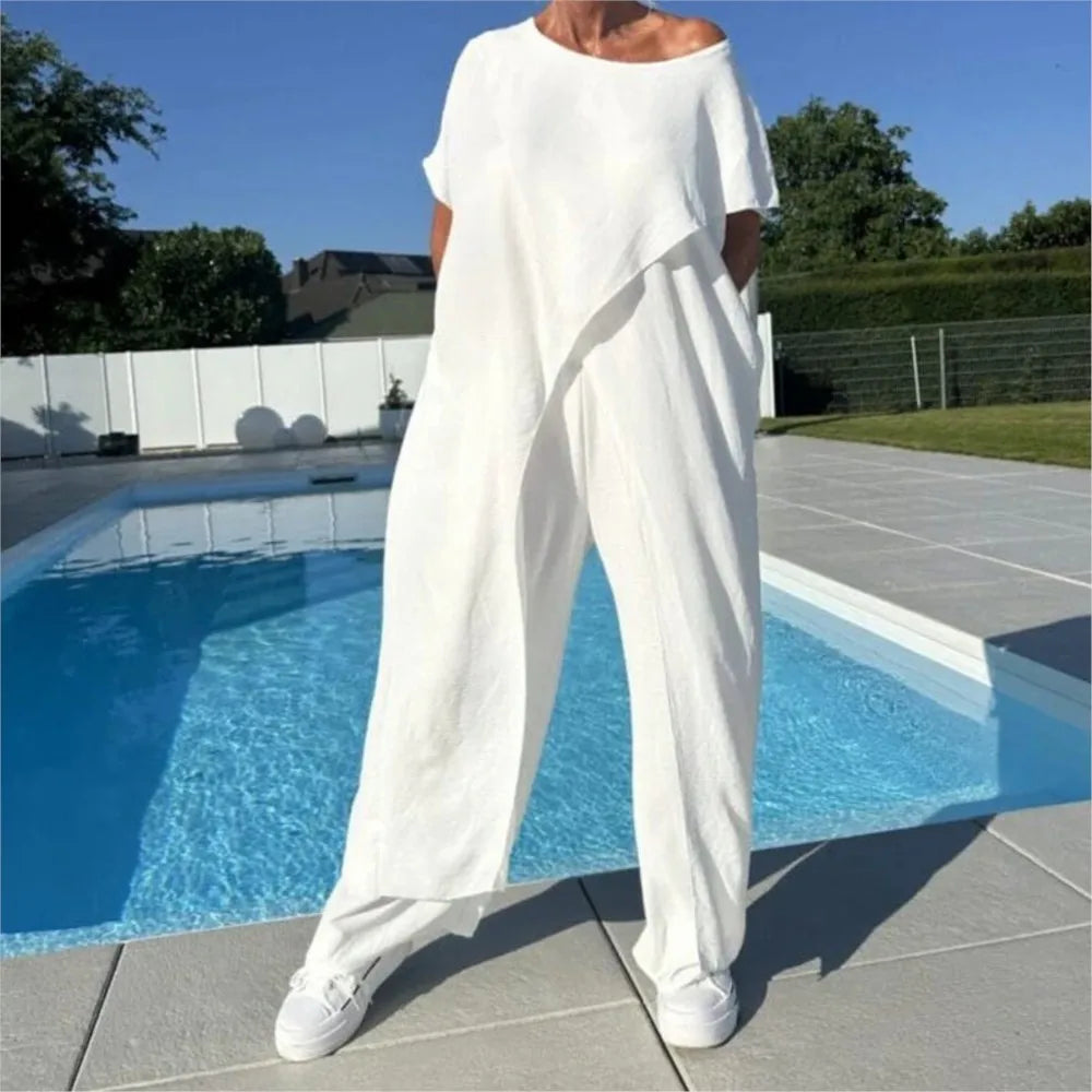 Women's Casual Loose Irregular Suit Solid Elegant Short Sleeved Round Neck Long Tops + Wide Leg Pants 2 Piece Set Summer Holiday