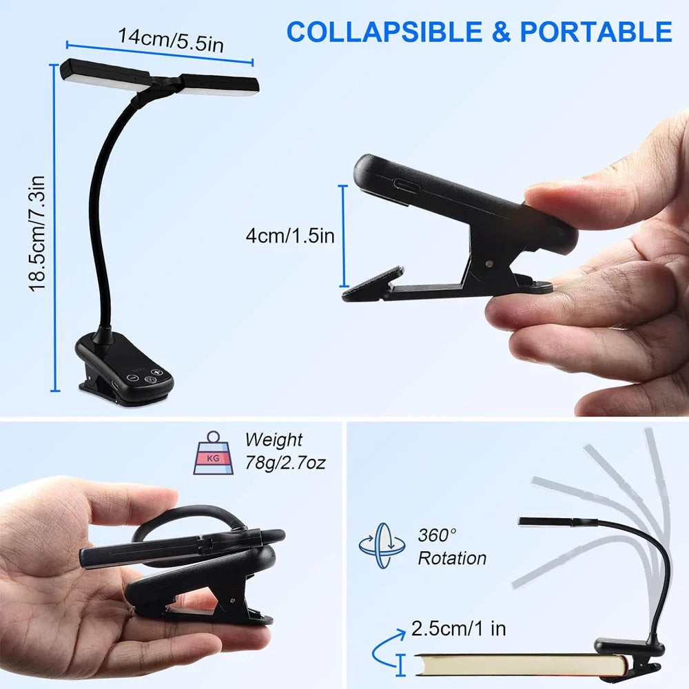 Dual Heads 14 LED Touch Control Reading Light with 3 Colors&8 Brightness USB Rechargeable Eye Care Book Light Clip on Book/Desk