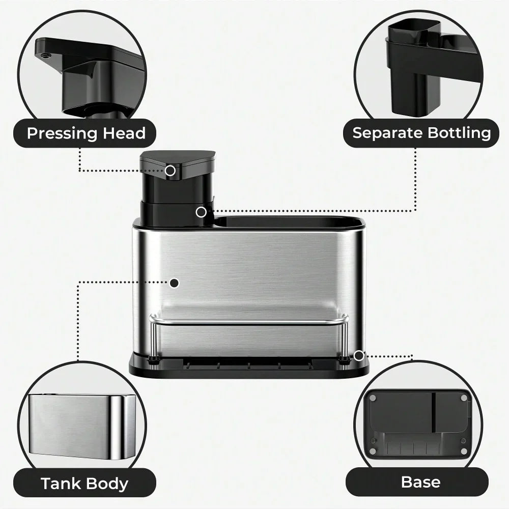 3-in-1 Kitchen Stainless Steel Tableware Soap Dispenser, Sponge Holder, Sink Organizer Drain Rack, Suitable for Kitchen Sinks