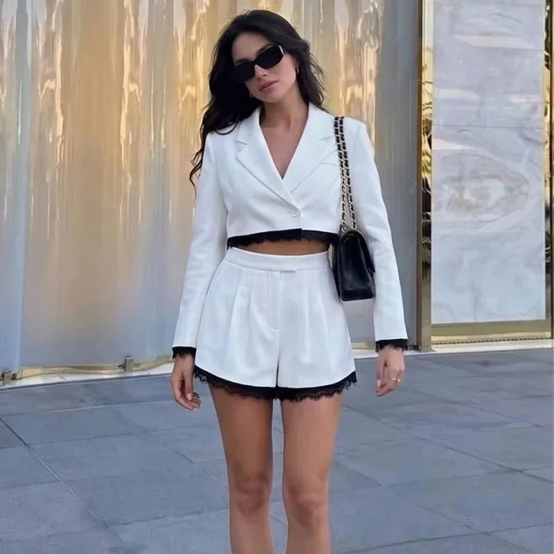 zoci Lace Short Blazers for Women's Suit Summer Blazer Set 2 Piece Woman Shoulder Pad Women's Tailoring Blazers Bermuda Shorts