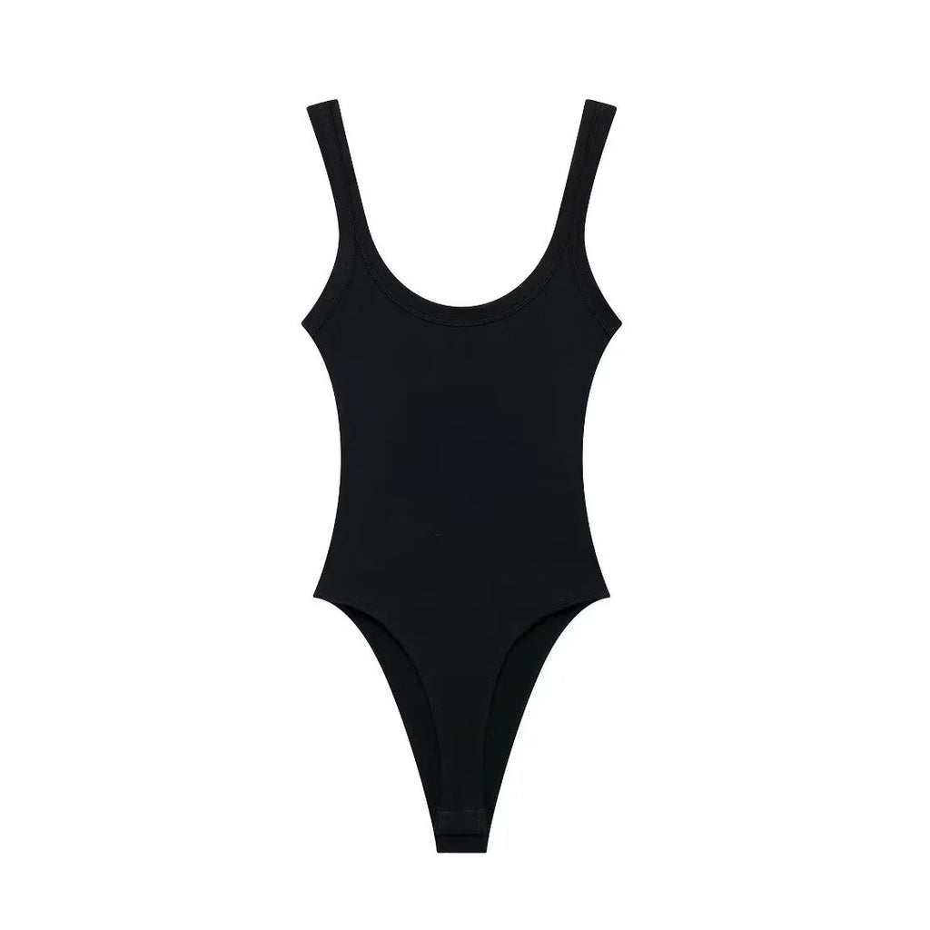Women's Skinny Ribbed O-Neck Bodysuits with Straps Snap-Button Sexy Fashion Playsuits Comfortable Stretchy Female Clothing