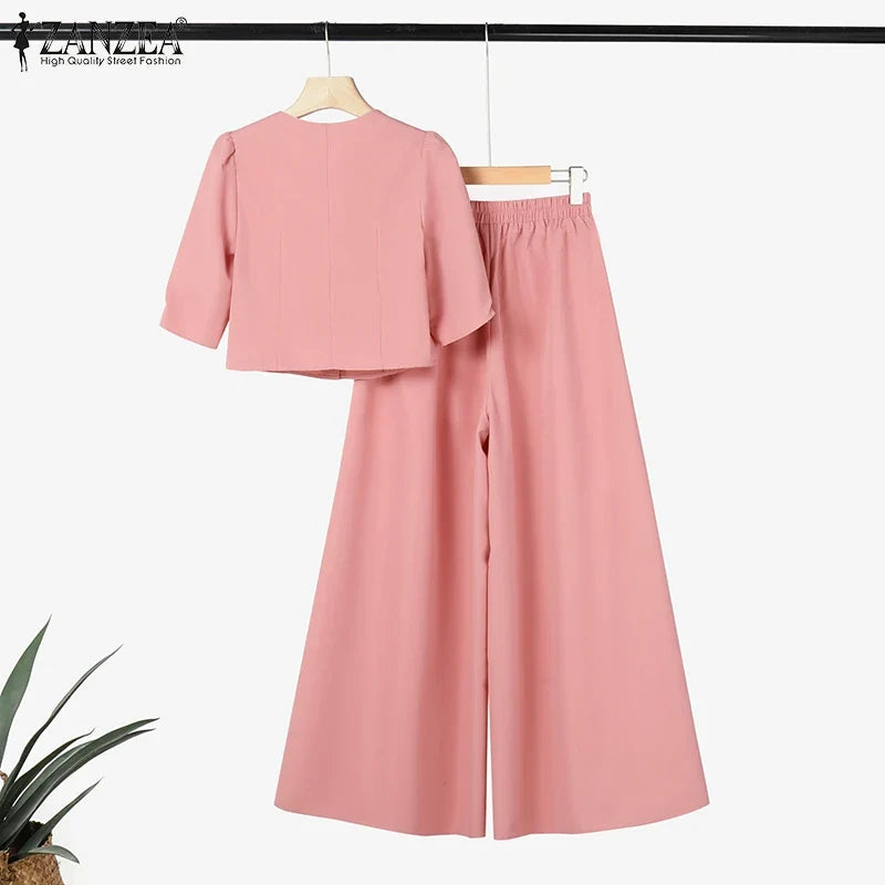 ZANZEA Plus Size 5XL Women 2-Piece Pant Sets Puff Sleeve Crop Top & Wide Leg Pant Matching Sets Elegant Chic Streetwear Co-ords