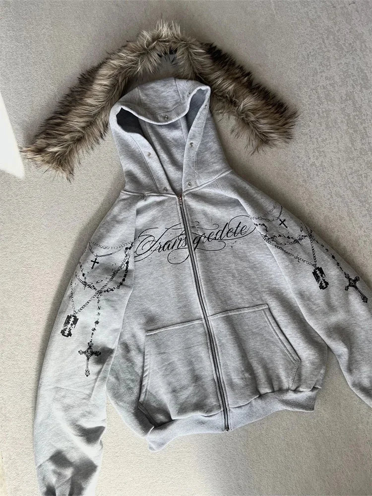 Winter Fashion Streetwear Women's Gothic Punk Faux Fur Hooded Jacket With Cross Print Trendy Edgy Zip - Up Sweatshirt 2026 New