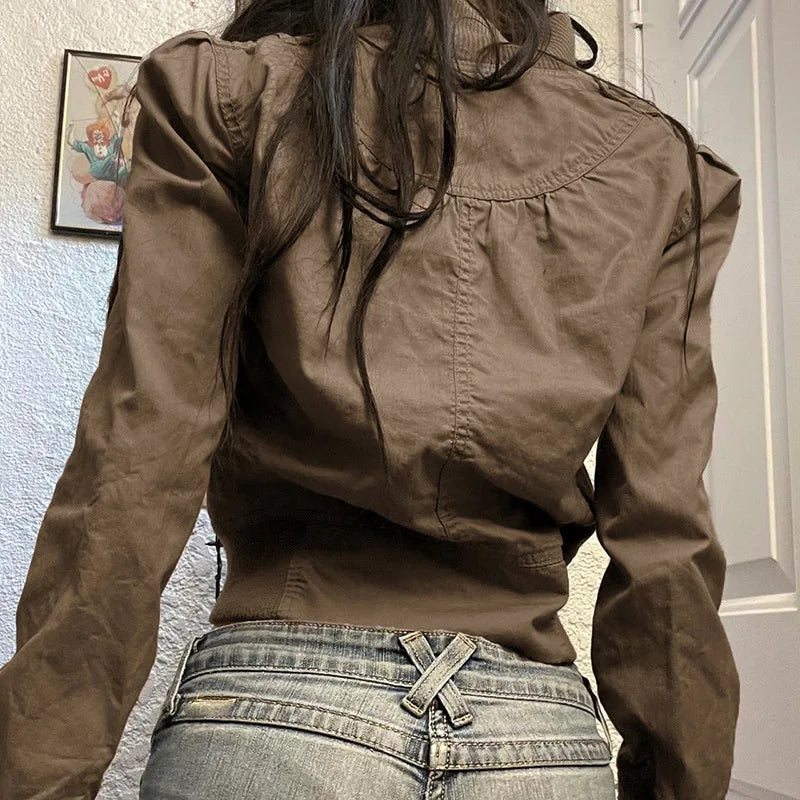 Vintage Cropped Jackets for Women Harajuku Casual Slim Fit Zipper Coat Y2K Streetwear Long Sleeve Outerwear Autumn