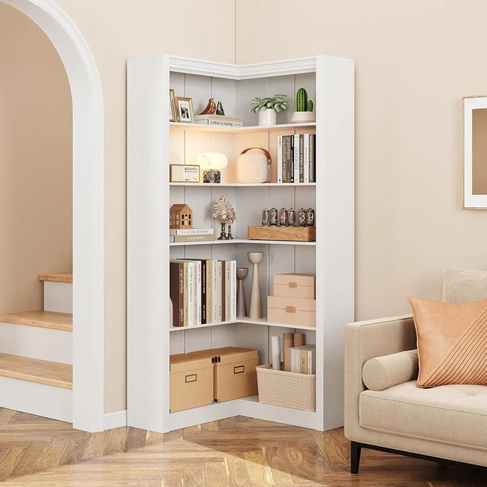 Corner L Shaped Bookcase With 5 Tier Display Shelf