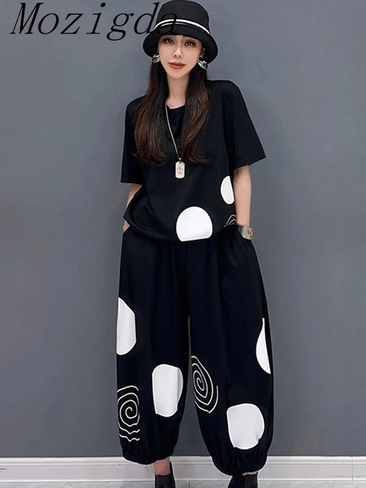 Polka Dot Striped Print 2 Two Piece Set Women Summer Casual Fashion Short Sleeve Ladies T-Shirts Loose Wide Leg Woman Pants