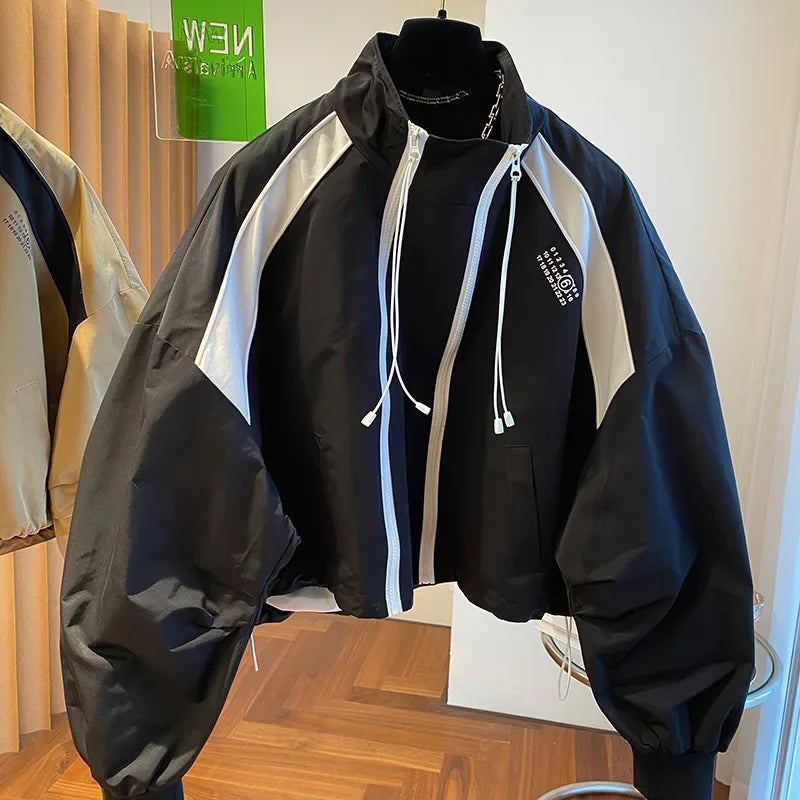 Design  niche loose casual stand up collar trench coat, women's spring and autumn short jacket double zipper