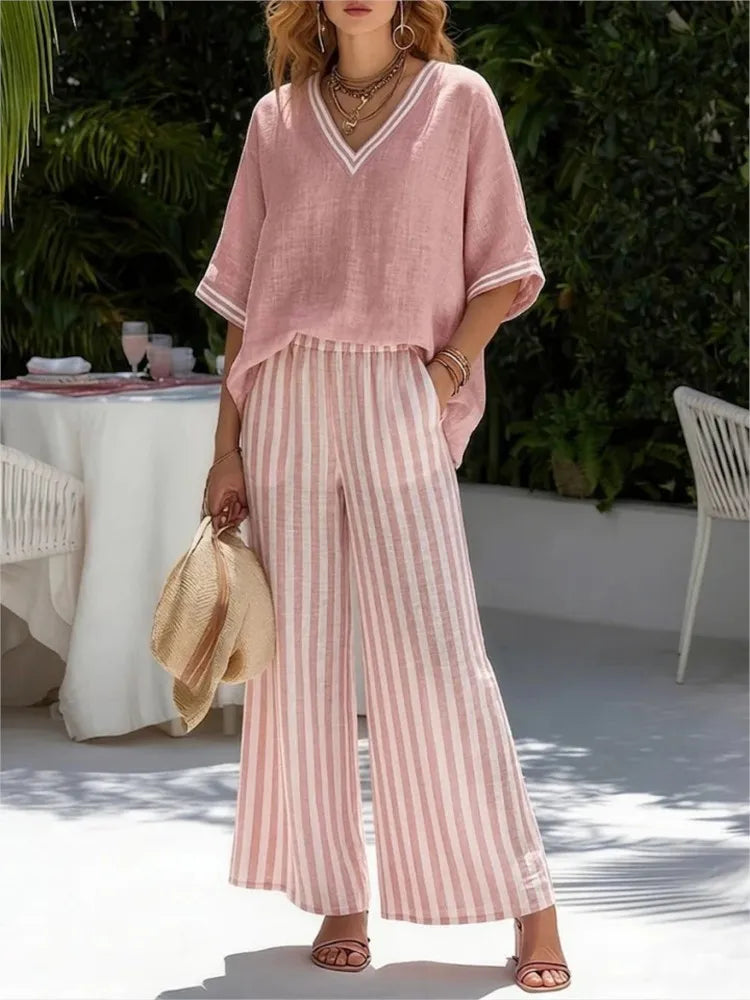 V-neck Short-sleeved Tops Striped Wide-leg Pants Two-piece Set 2026 Spring Summer New Women's Fashion Casual Loose Two-piece Set