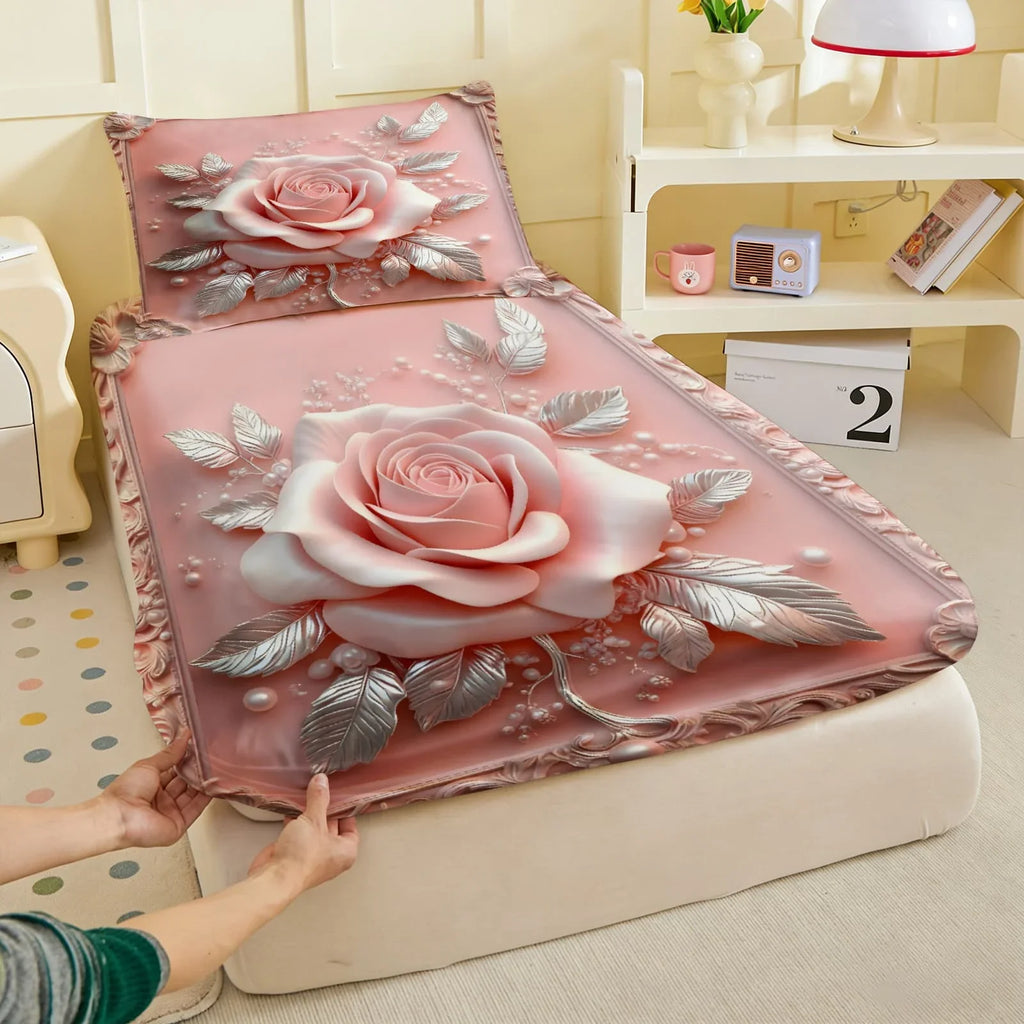 1pc 3D Embossed Pink Rose Print Fitted Sheet Deep Pocket Elastic