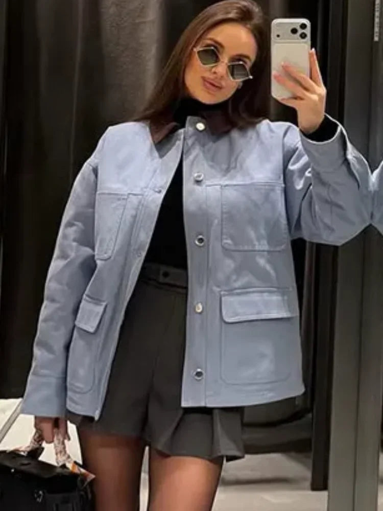 Women Blue Casual Multiple Patch Pocket Jacket Chic Corduroy Collar Single Breasted Short Coat 2026 Lady Daily Spring Wear New