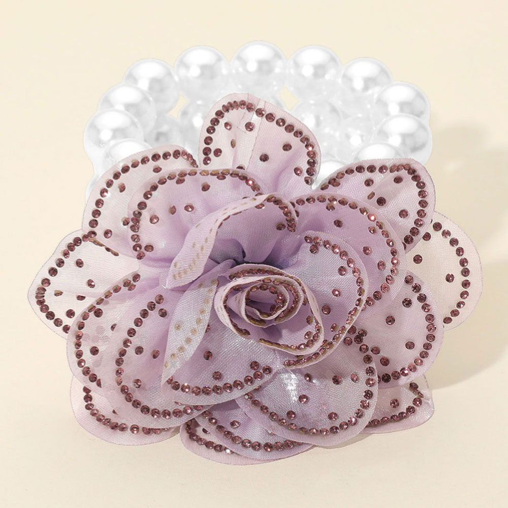 Bling Studded Fabric Flower Statement Faux Pearl Beaded Stretch Bracelet