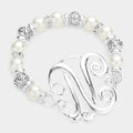 -N- Initial Monogram Charm Pearl Filigree Stretch Bracelet