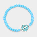 -I- Initial Monogram Turquoise Charm Faceted Beaded Stretch Bracelet