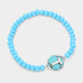 -T- Initial Monogram Turquoise Charm Faceted Beaded Stretch Bracelet