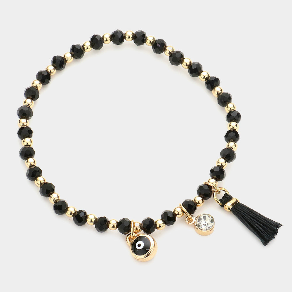Evil Eye Round Stone Tassel Charm Faceted Beaded Stretch Bracelet