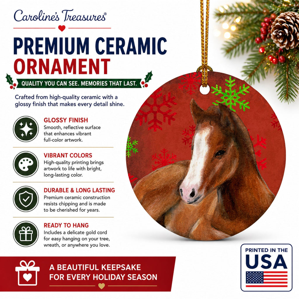 Horse Foal Red Snowflakes Holiday Christmas  Ceramic Ornament Christmas Tree Hanging Decorations for Home Christmas Holiday, Party, Gift, 3 in, Multicolor