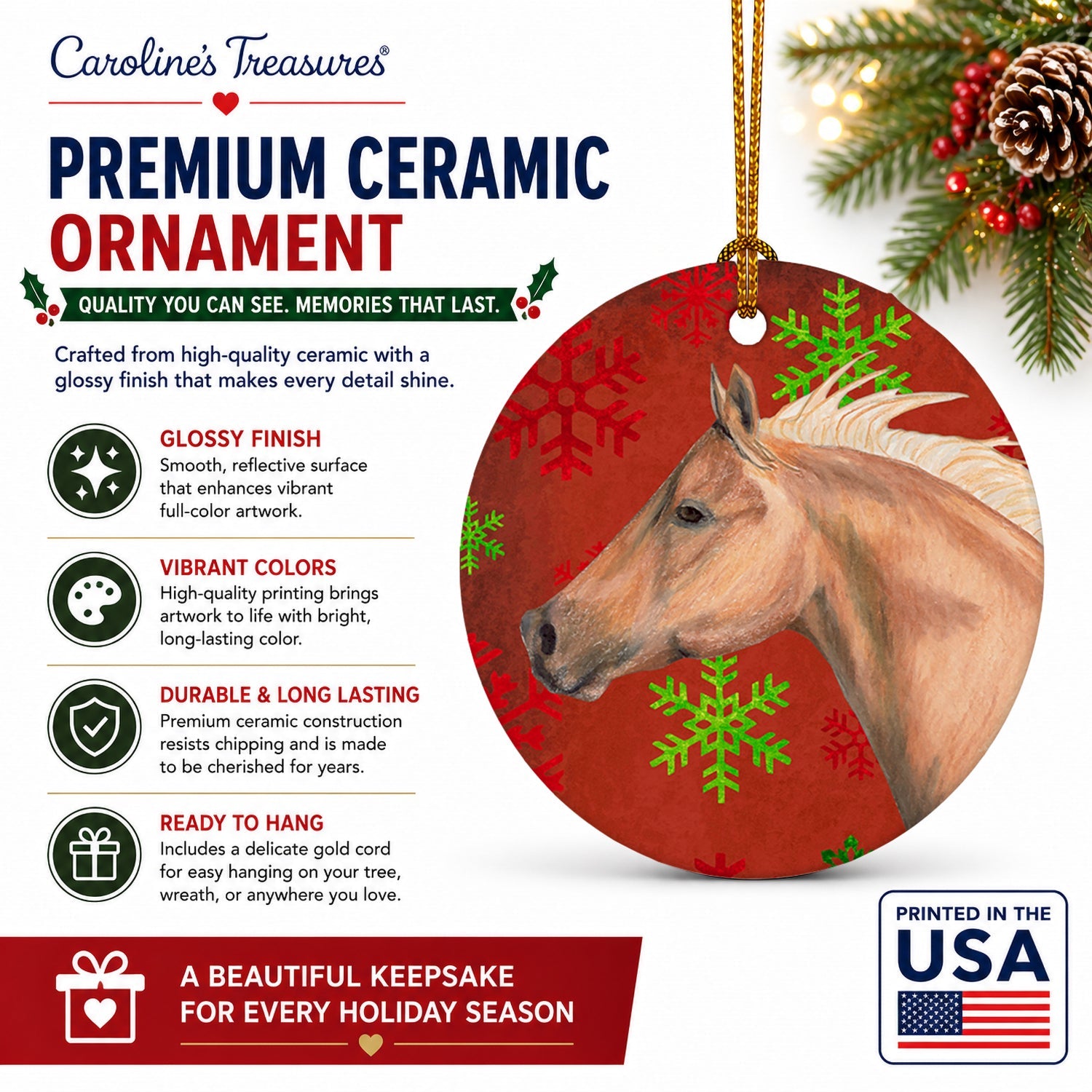 Horse Red Snowflakes Holiday Christmas  Ceramic Ornament Christmas Tree Hanging Decorations for Home Christmas Holiday, Party, Gift, 3 in, Multicolor
