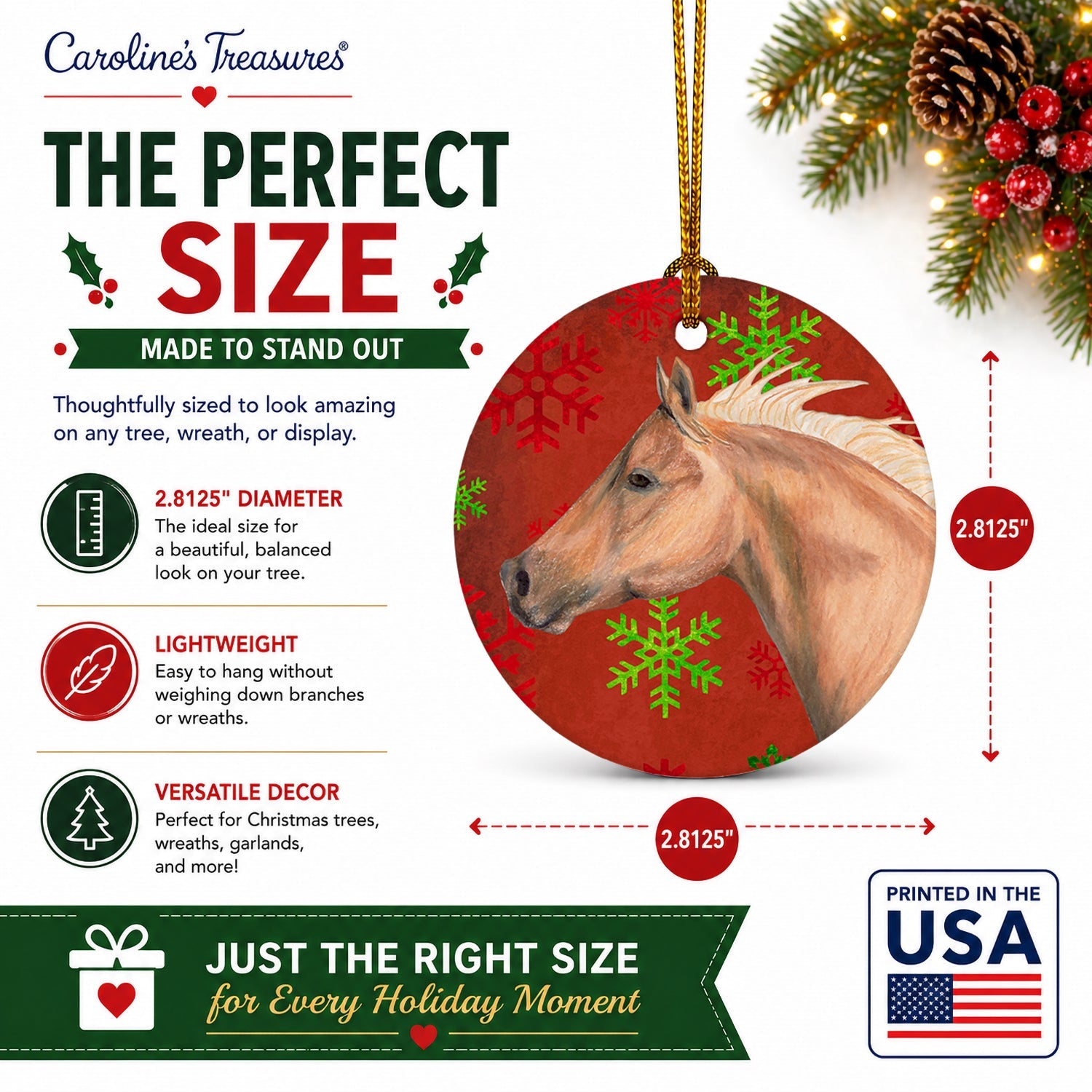Horse Red Snowflakes Holiday Christmas  Ceramic Ornament Christmas Tree Hanging Decorations for Home Christmas Holiday, Party, Gift, 3 in, Multicolor