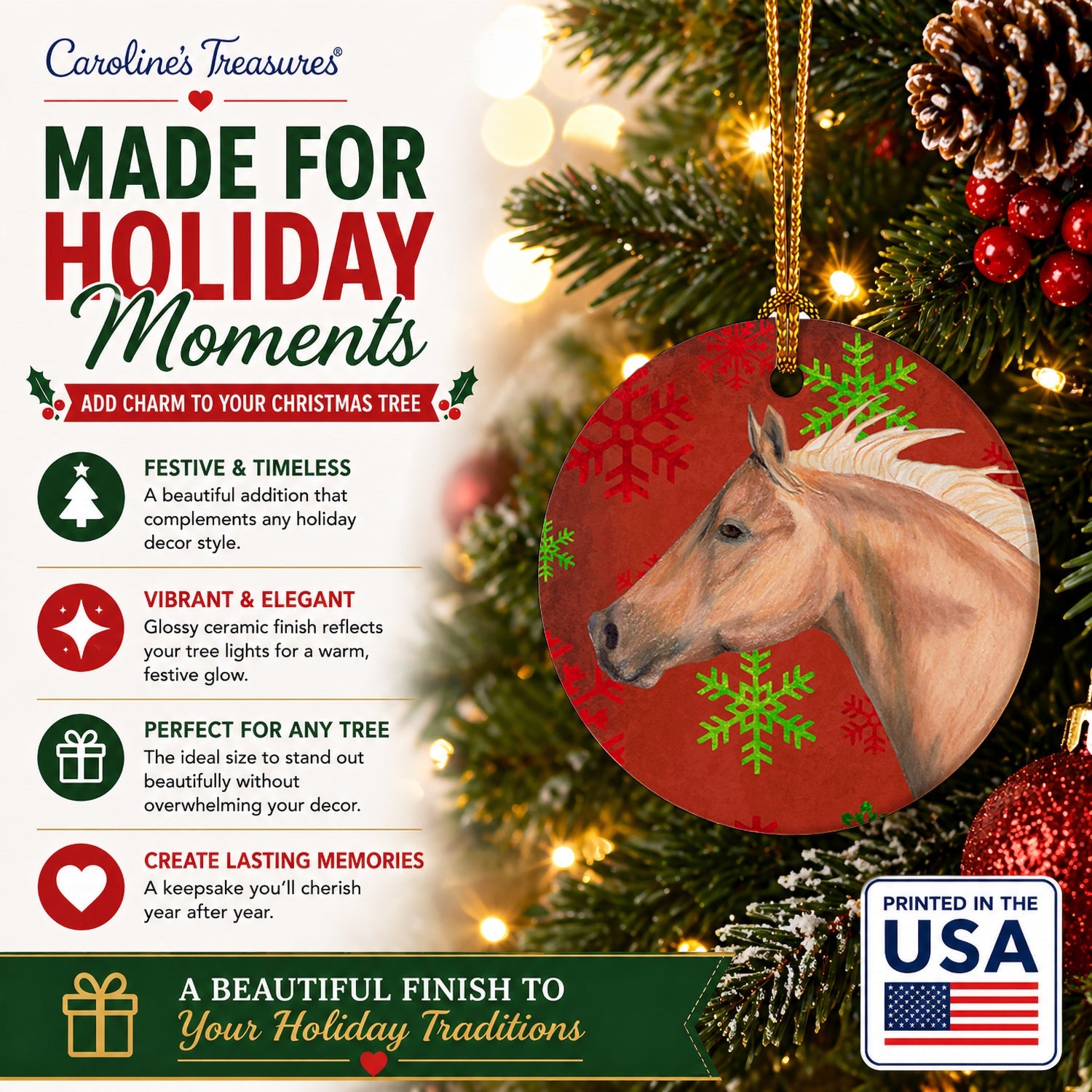 Horse Red Snowflakes Holiday Christmas  Ceramic Ornament Christmas Tree Hanging Decorations for Home Christmas Holiday, Party, Gift, 3 in, Multicolor