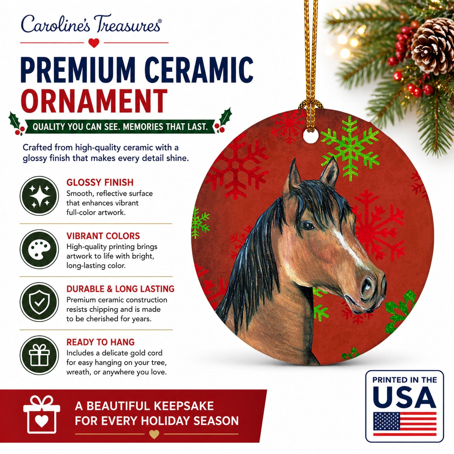 Horse Red Snowflakes Holiday Christmas  Ceramic Ornament Christmas Tree Hanging Decorations for Home Christmas Holiday, Party, Gift, 3 in, Multicolor