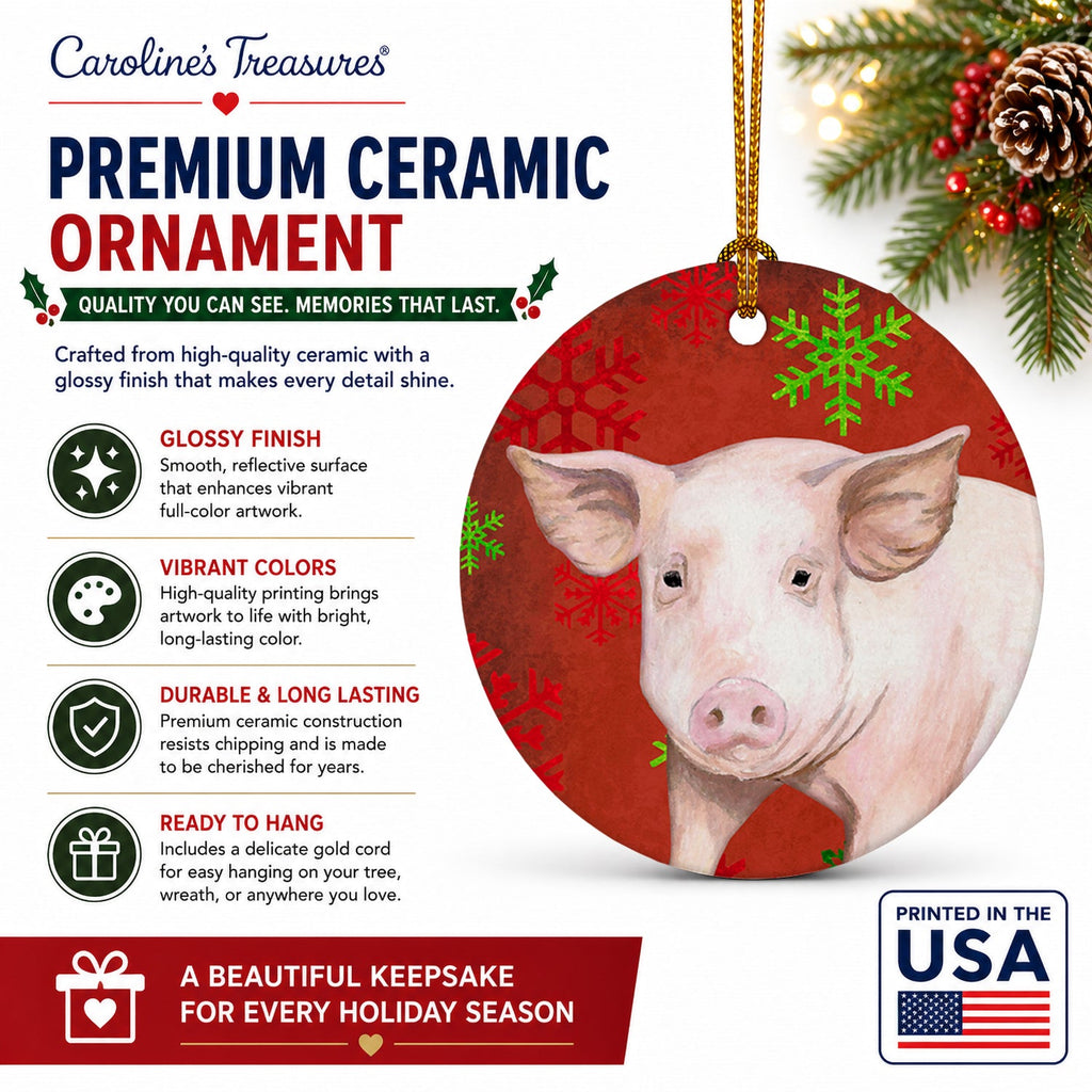 Pig Red Snowflakes Holiday Christmas  Ceramic Ornament Christmas Tree Hanging Decorations for Home Christmas Holiday, Party, Gift, 3 in, Multicolor