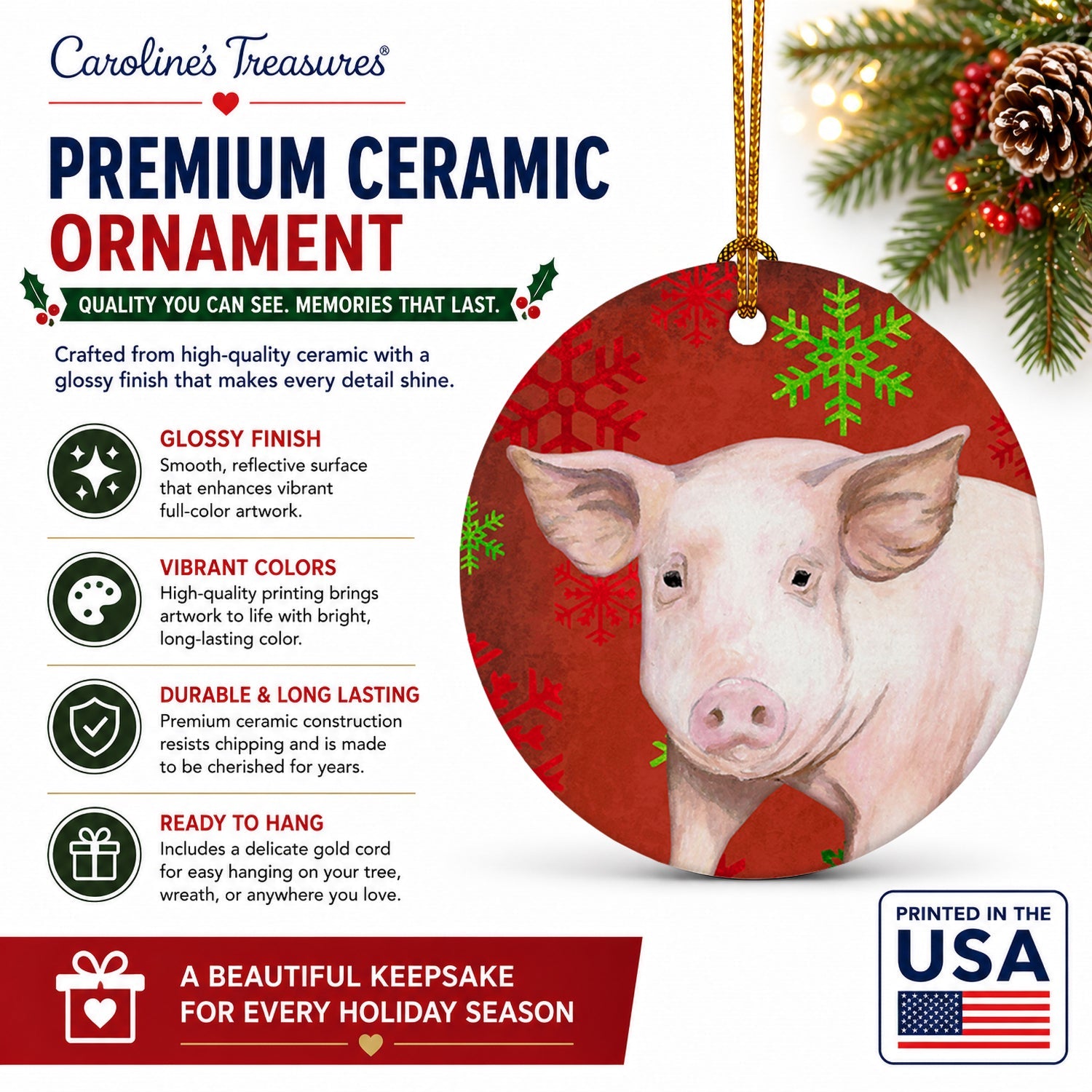 Pig Red Snowflakes Holiday Christmas  Ceramic Ornament Christmas Tree Hanging Decorations for Home Christmas Holiday, Party, Gift, 3 in, Multicolor