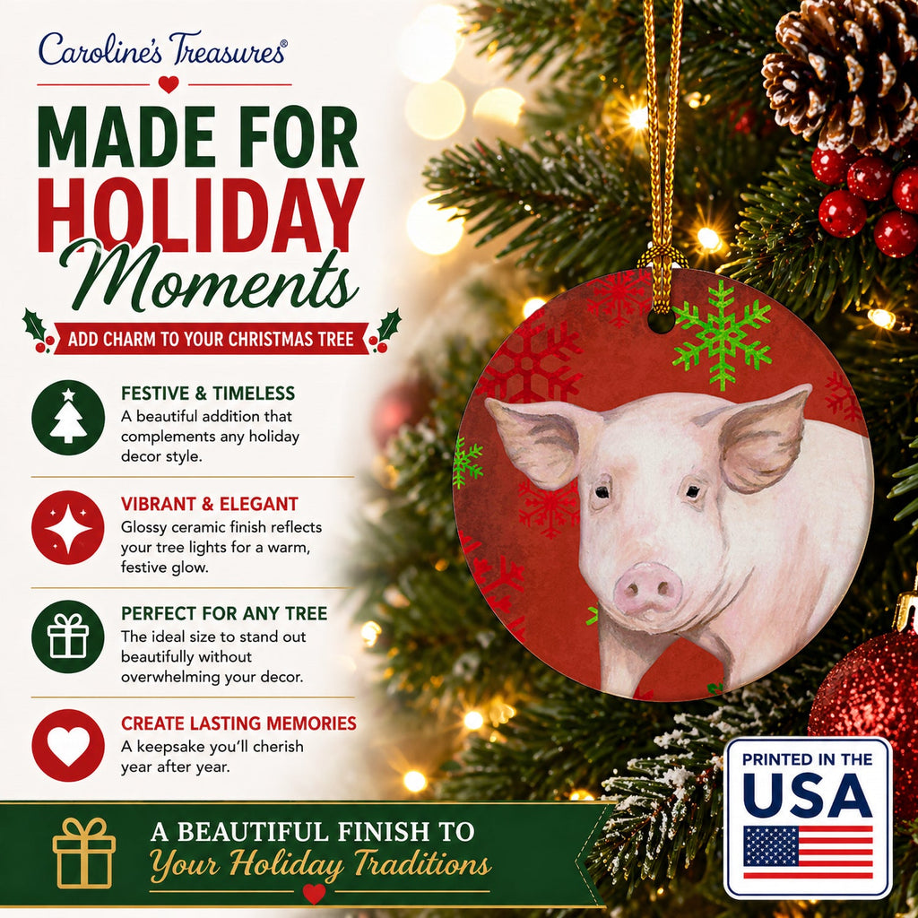 Pig Red Snowflakes Holiday Christmas  Ceramic Ornament Christmas Tree Hanging Decorations for Home Christmas Holiday, Party, Gift, 3 in, Multicolor