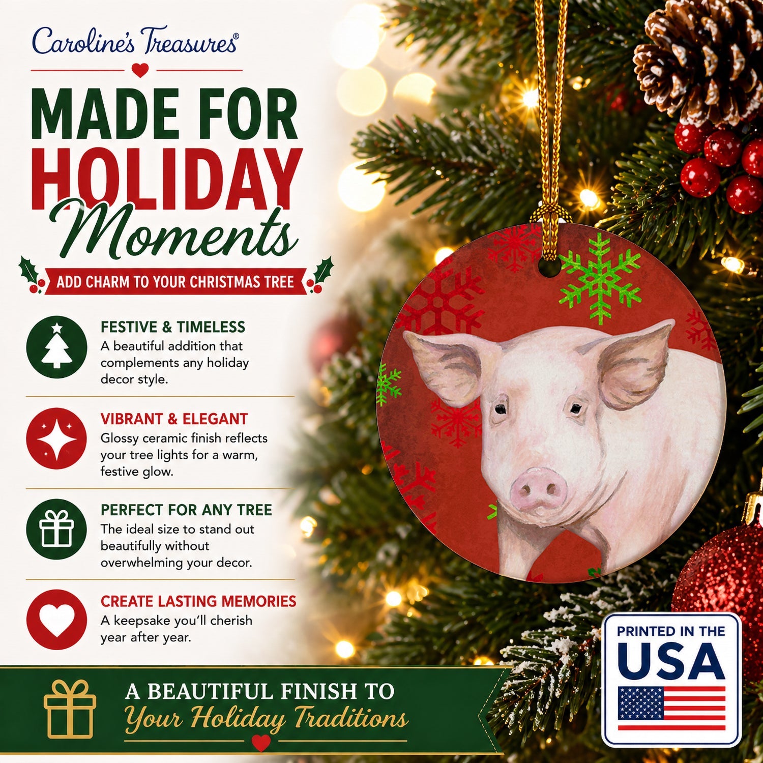 Pig Red Snowflakes Holiday Christmas  Ceramic Ornament Christmas Tree Hanging Decorations for Home Christmas Holiday, Party, Gift, 3 in, Multicolor