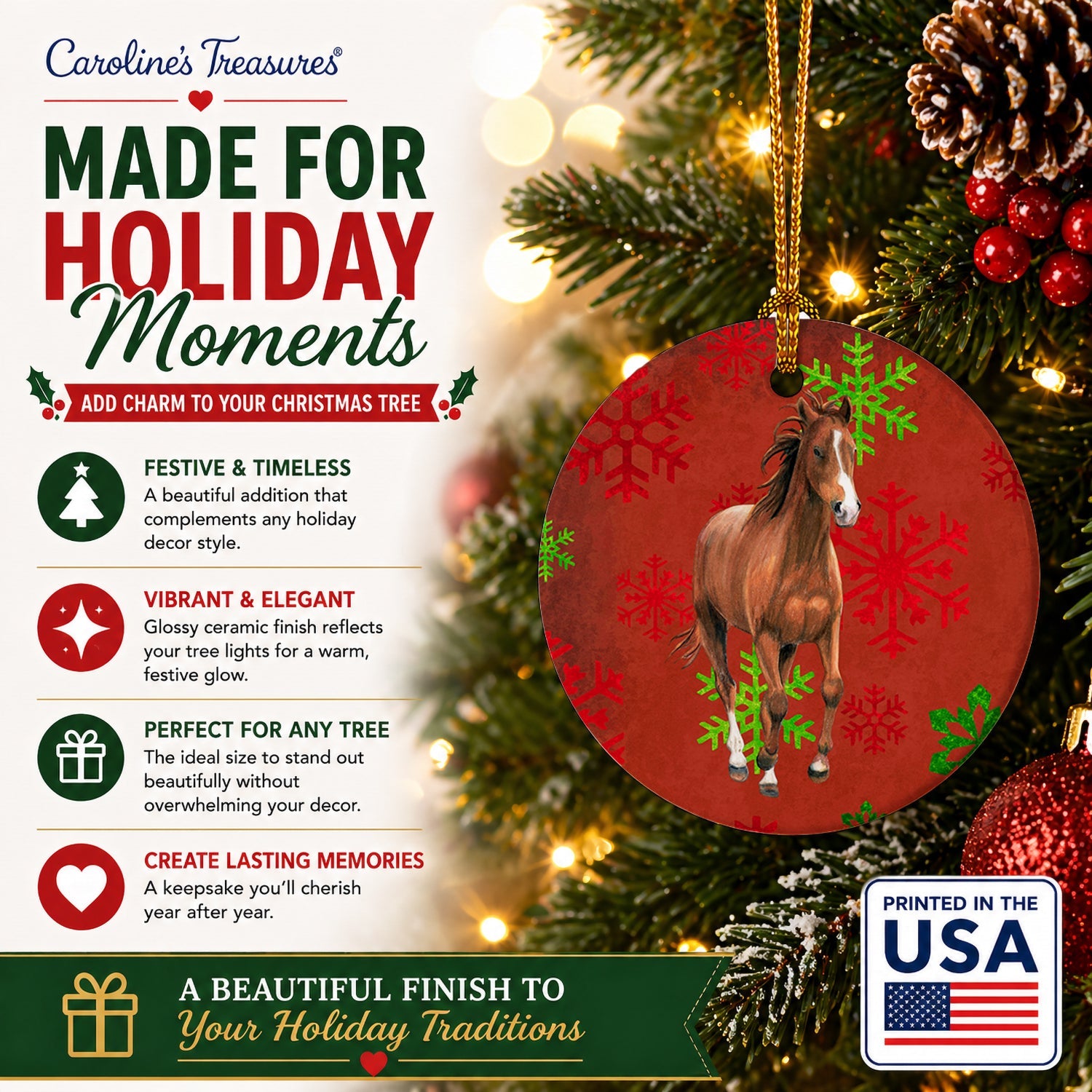 Horse Red Snowflakes Holiday Christmas  Ceramic Ornament Christmas Tree Hanging Decorations for Home Christmas Holiday, Party, Gift, 3 in, Multicolor