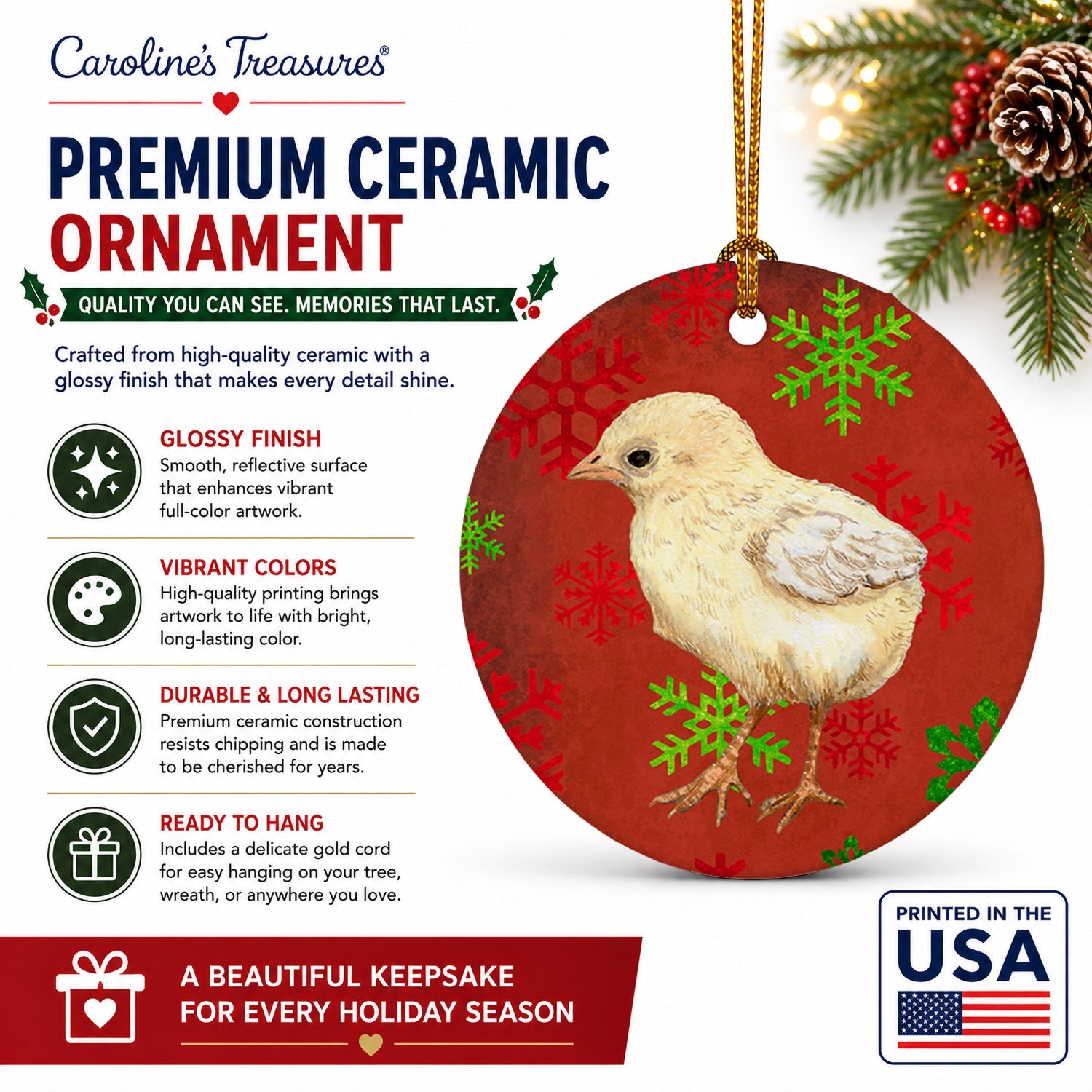 Baby Chick Red Snowflakes Holiday Christmas  Ceramic Ornament Christmas Tree Hanging Decorations for Home Christmas Holiday, Party, Gift, 3 in, Multicolor