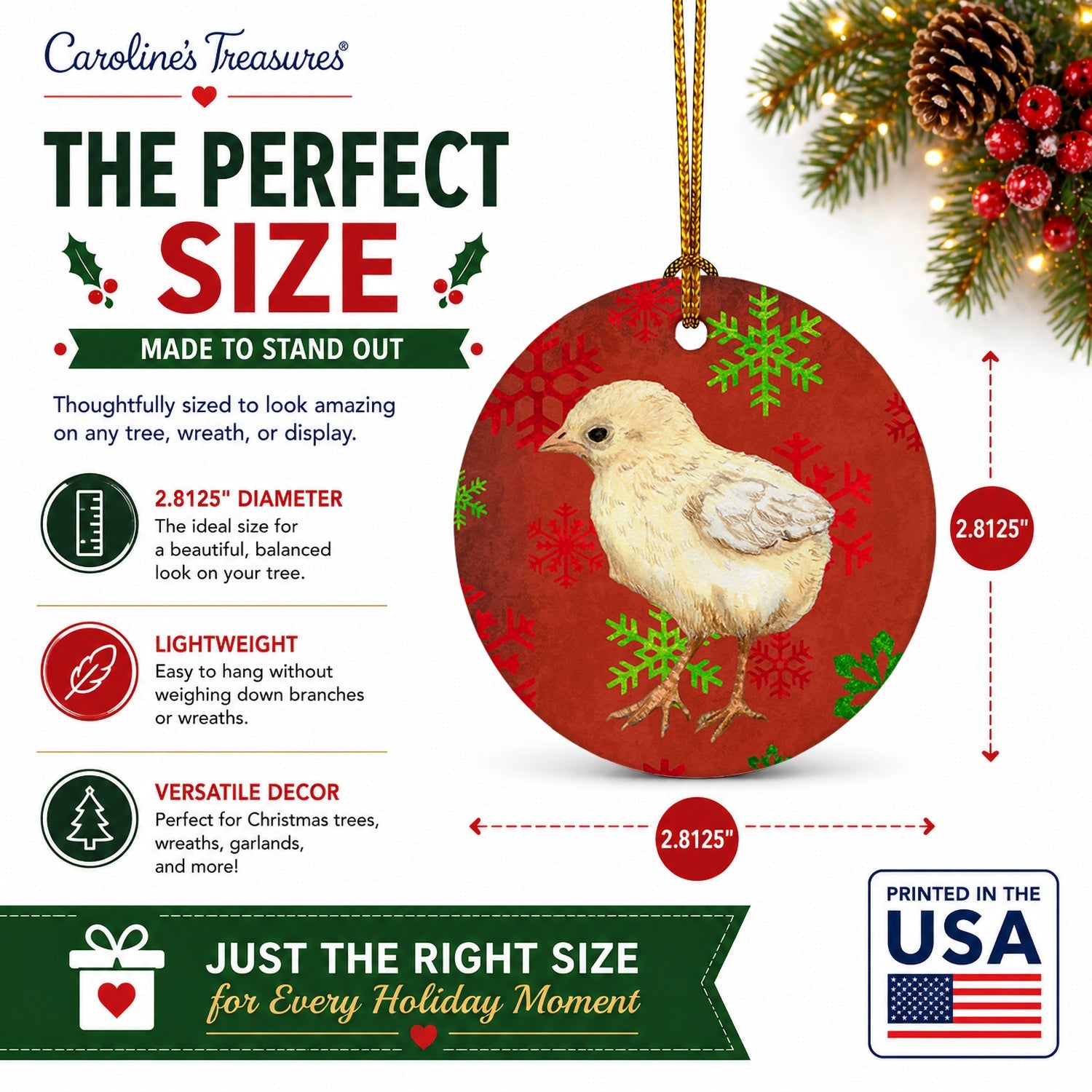 Baby Chick Red Snowflakes Holiday Christmas  Ceramic Ornament Christmas Tree Hanging Decorations for Home Christmas Holiday, Party, Gift, 3 in, Multicolor