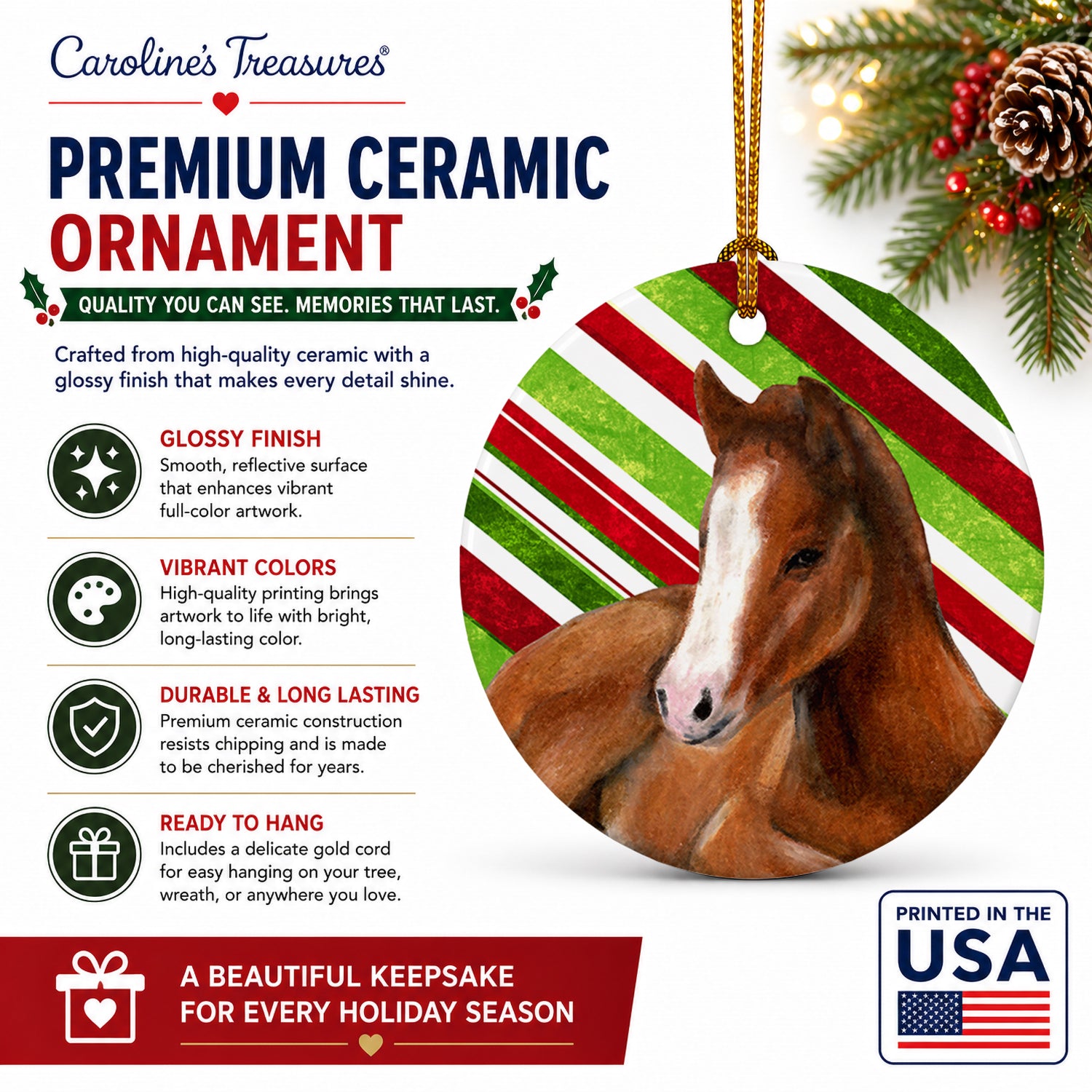 Horse Foal Candy Cane Holiday Christmas Ceramic Ornament Christmas Tree Hanging Decorations for Home Christmas Holiday, Party, Gift, 3 in, Multicolor
