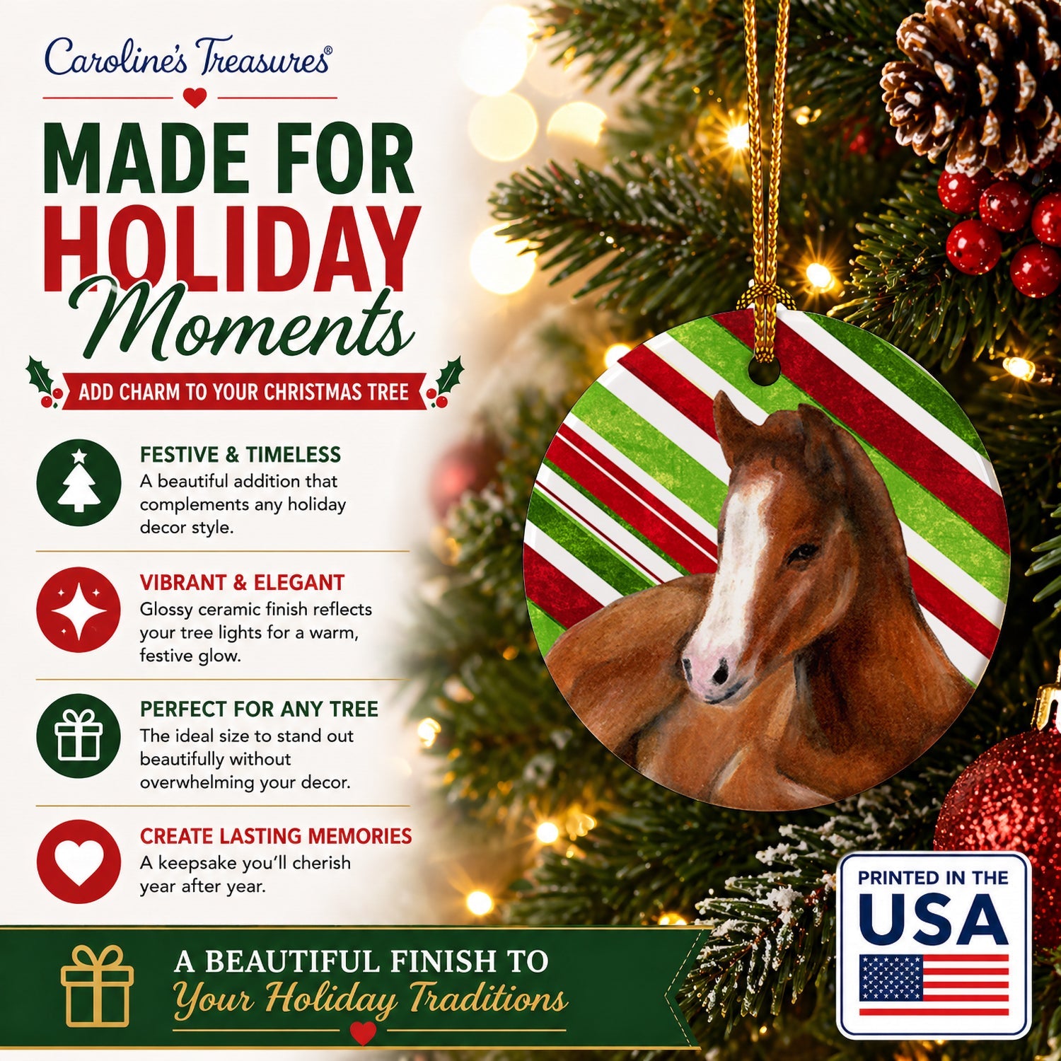 Horse Foal Candy Cane Holiday Christmas Ceramic Ornament Christmas Tree Hanging Decorations for Home Christmas Holiday, Party, Gift, 3 in, Multicolor