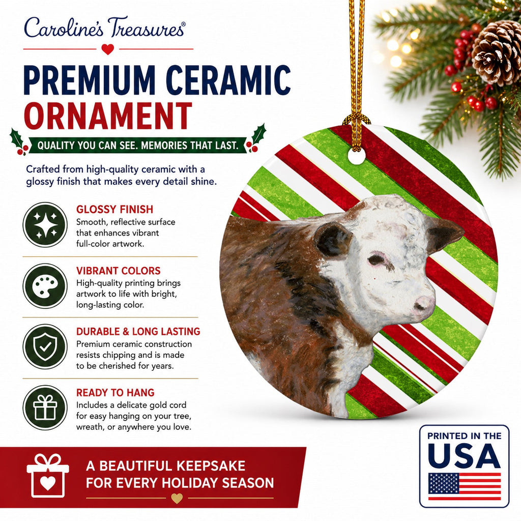 Baby Calf Candy Cane Holiday Christmas Ceramic Ornament Christmas Tree Hanging Decorations for Home Christmas Holiday, Party, Gift, 3 in, Multicolor