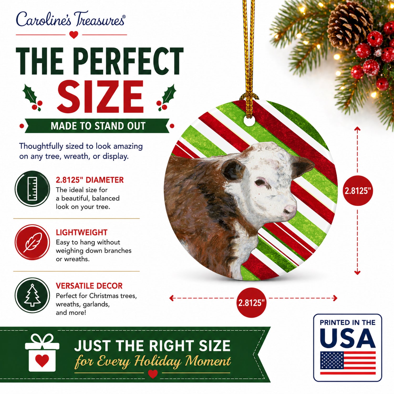 Baby Calf Candy Cane Holiday Christmas Ceramic Ornament Christmas Tree Hanging Decorations for Home Christmas Holiday, Party, Gift, 3 in, Multicolor
