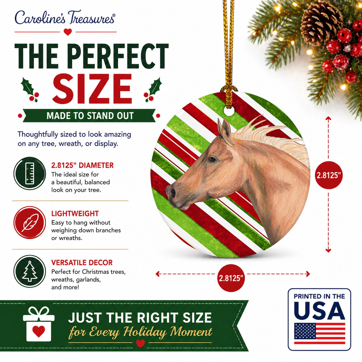 Horse Candy Cane Holiday Christmas Ceramic Ornament Christmas Tree Hanging Decorations for Home Christmas Holiday, Party, Gift, 3 in, Multicolor