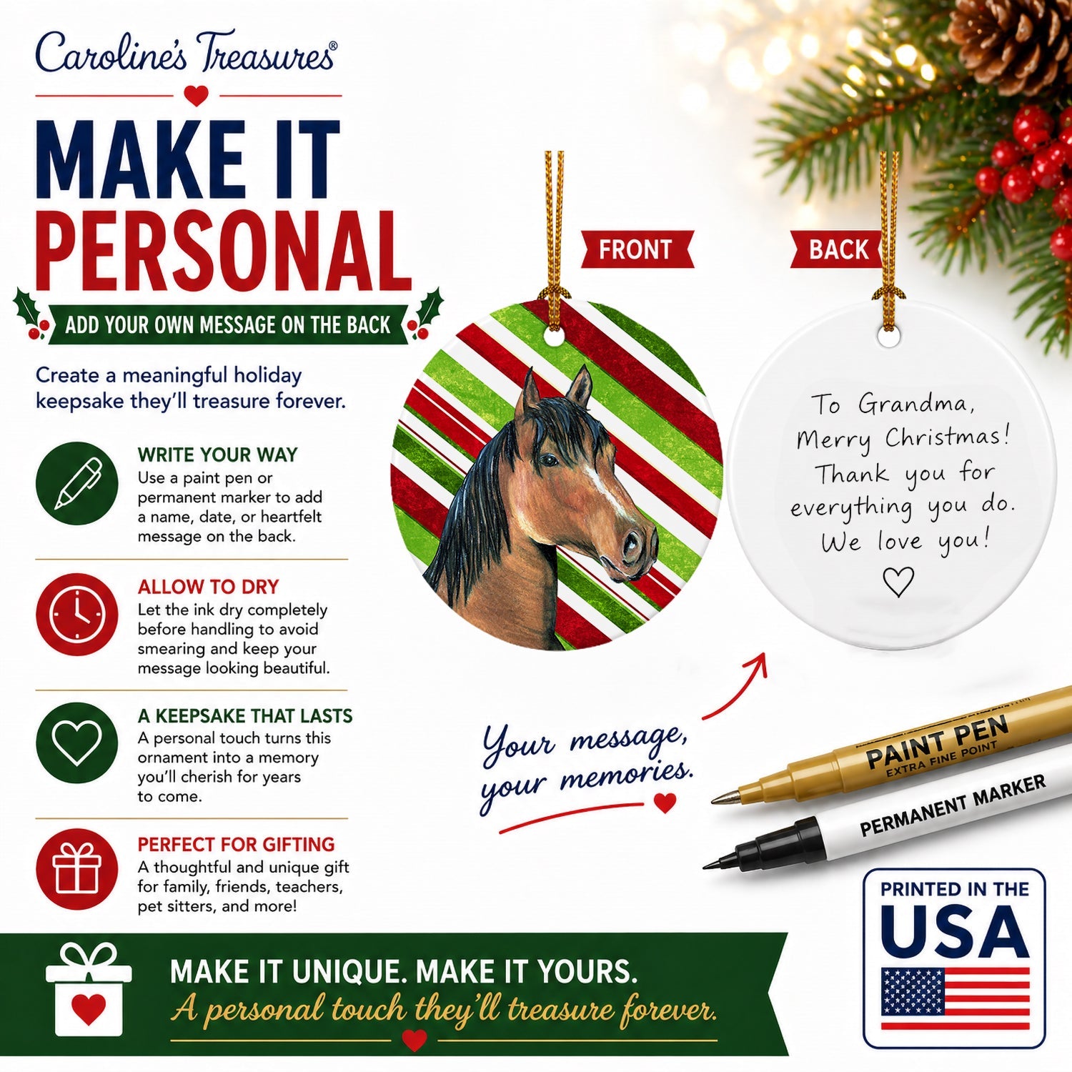 Horse Candy Cane Holiday Christmas Ceramic Ornament Christmas Tree Hanging Decorations for Home Christmas Holiday, Party, Gift, 3 in, Multicolor