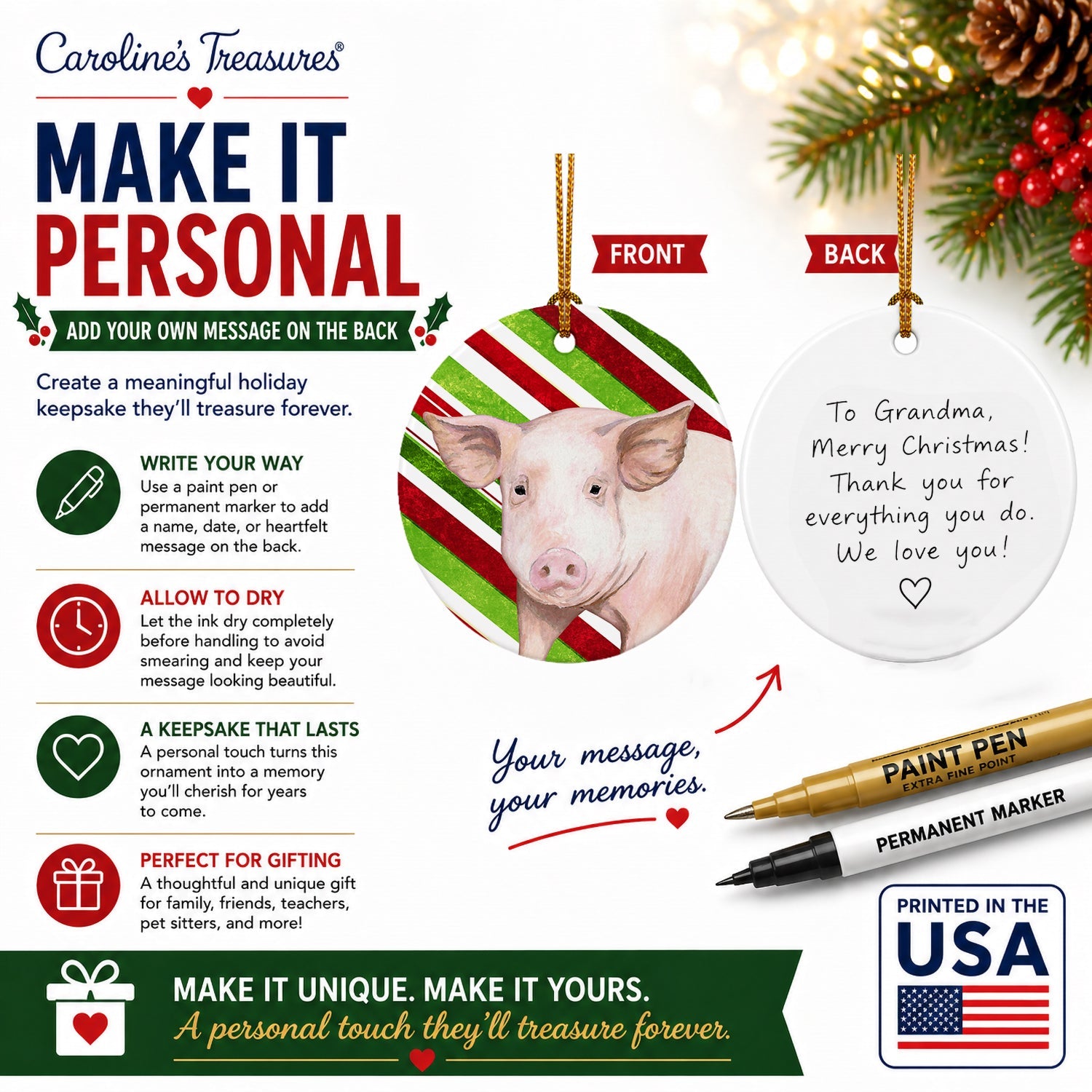 Pig Candy Cane Holiday Christmas Ceramic Ornament Christmas Tree Hanging Decorations for Home Christmas Holiday, Party, Gift, 3 in, Multicolor