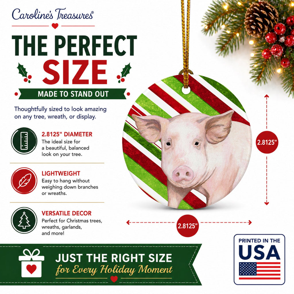 Pig Candy Cane Holiday Christmas Ceramic Ornament Christmas Tree Hanging Decorations for Home Christmas Holiday, Party, Gift, 3 in, Multicolor