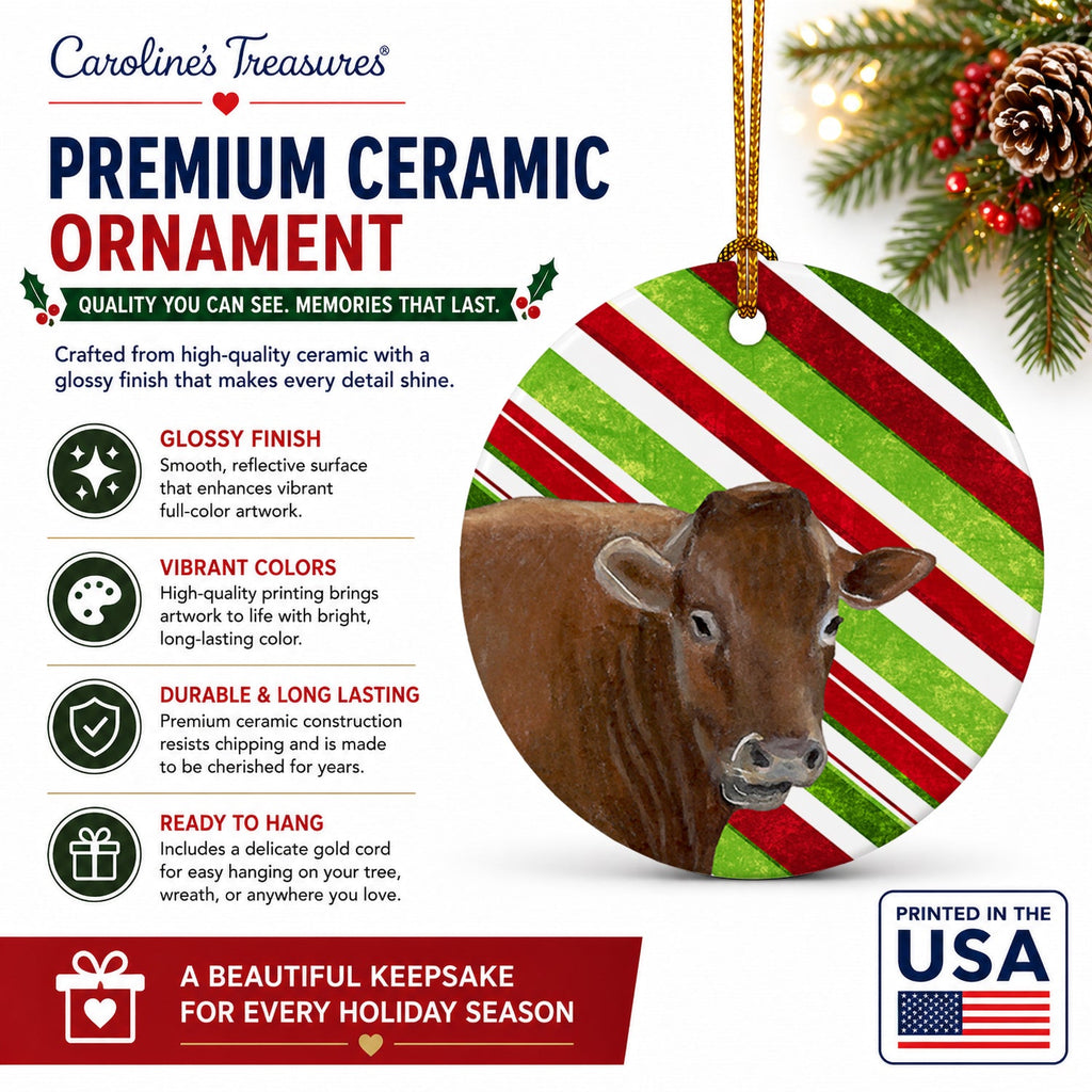 Cow Candy Cane Holiday Christmas Ceramic Ornament Christmas Tree Hanging Decorations for Home Christmas Holiday, Party, Gift, 3 in, Multicolor