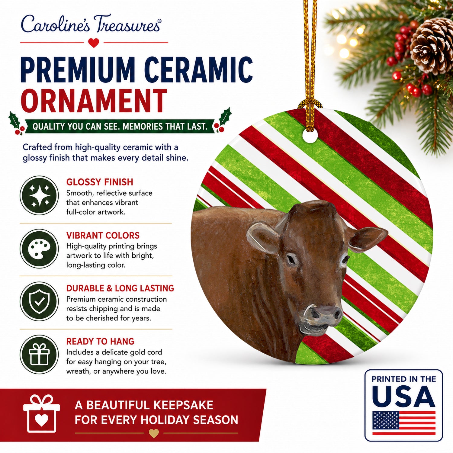 Cow Candy Cane Holiday Christmas Ceramic Ornament Christmas Tree Hanging Decorations for Home Christmas Holiday, Party, Gift, 3 in, Multicolor