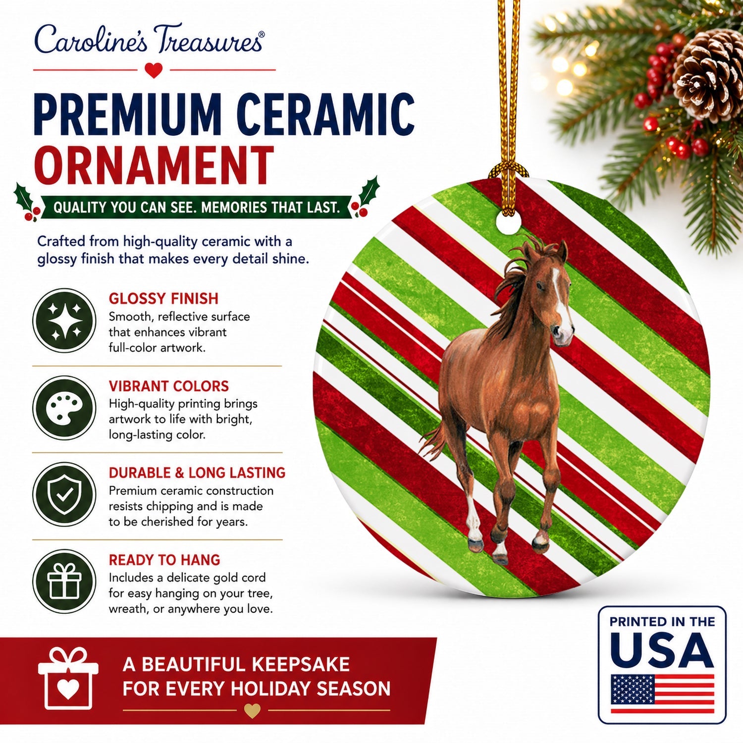 Horse Candy Cane Holiday Christmas Ceramic Ornament Christmas Tree Hanging Decorations for Home Christmas Holiday, Party, Gift, 3 in, Multicolor