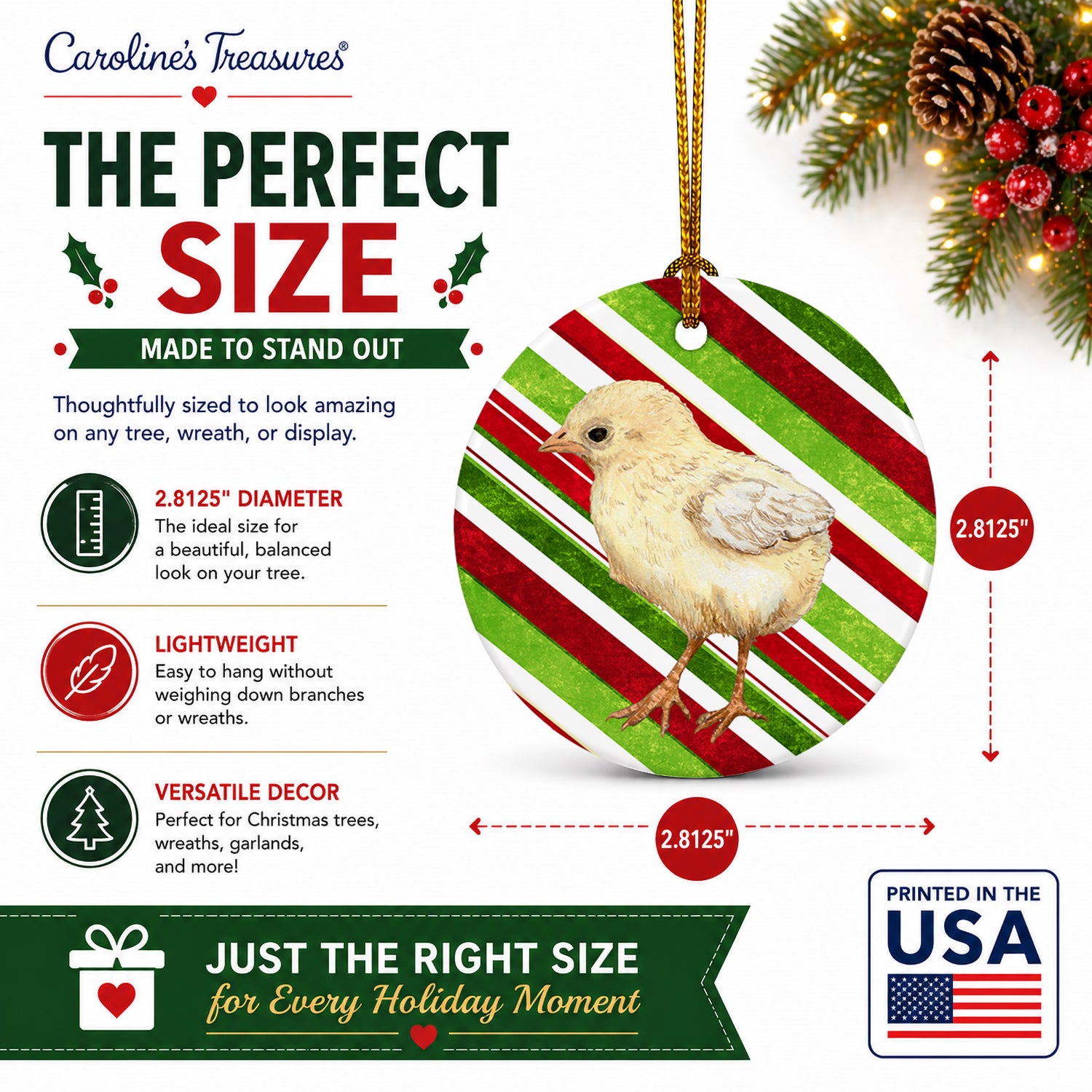 Baby Chick Candy Cane Holiday Christmas Ceramic Ornament Christmas Tree Hanging Decorations for Home Christmas Holiday, Party, Gift, 3 in, Multicolor