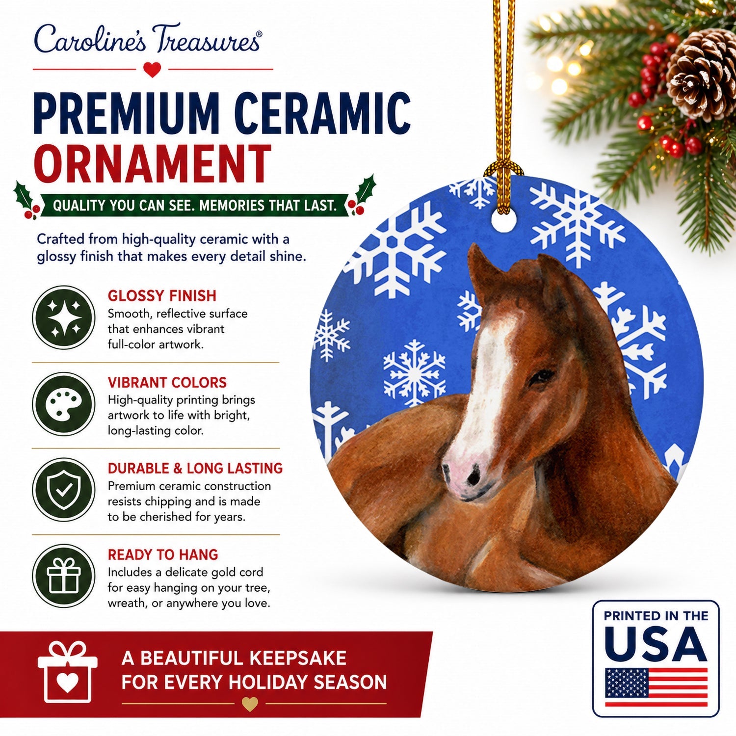 Horse Foal Winter Snowflakes Holiday Ceramic Ornament Christmas Tree Hanging Decorations for Home Christmas Holiday, Party, Gift, 3 in, Multicolor
