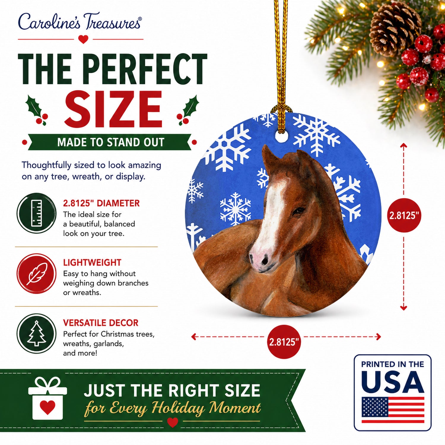 Horse Foal Winter Snowflakes Holiday Ceramic Ornament Christmas Tree Hanging Decorations for Home Christmas Holiday, Party, Gift, 3 in, Multicolor