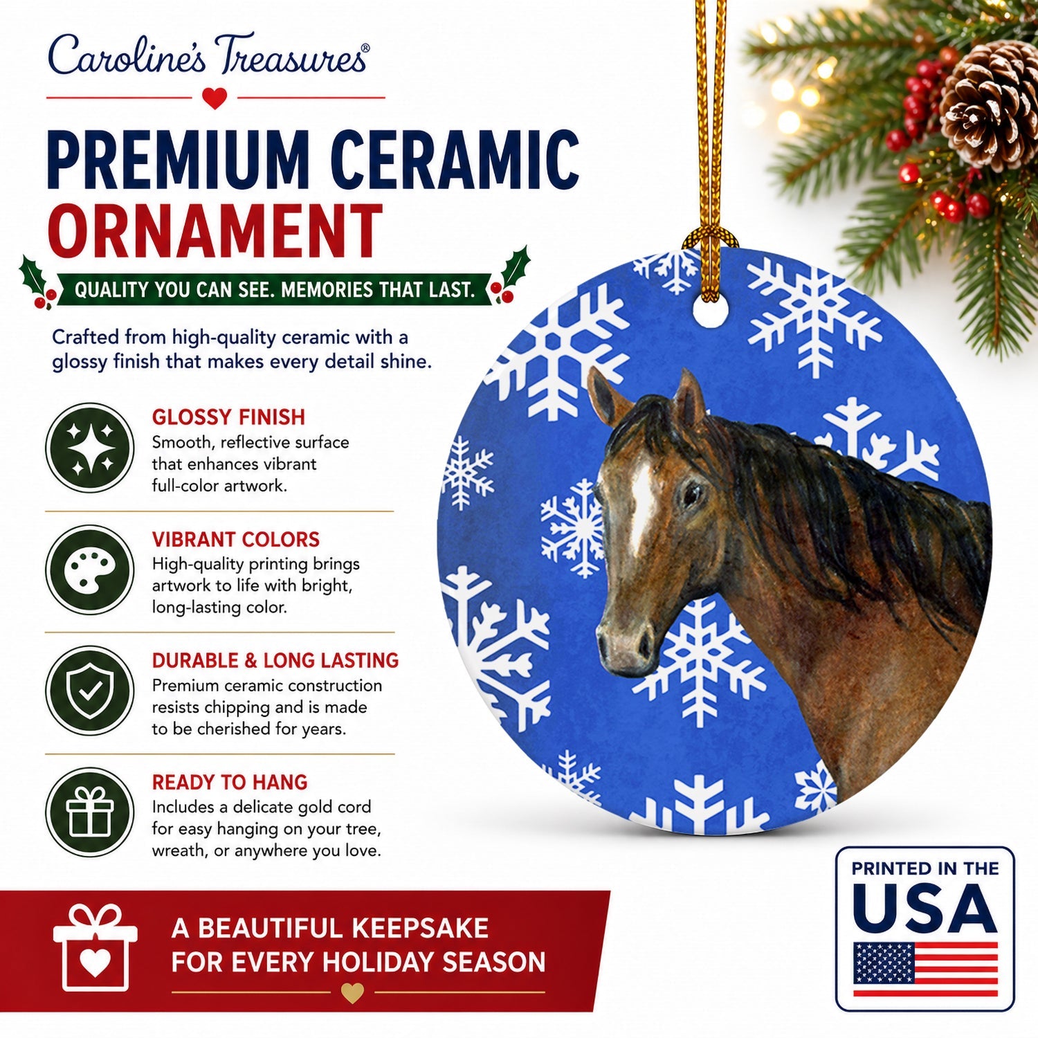 Horse Winter Snowflakes Holiday Ceramic Ornament Christmas Tree Hanging Decorations for Home Christmas Holiday, Party, Gift, 3 in, Multicolor
