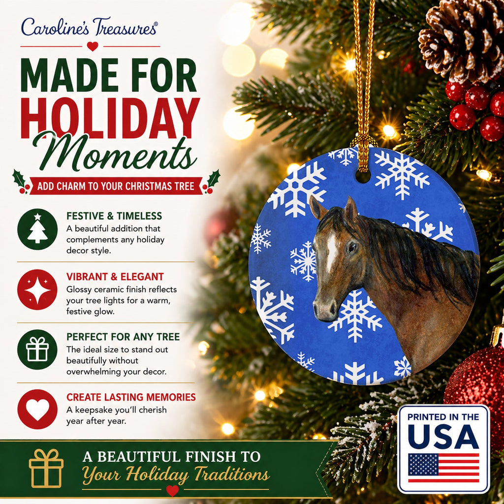 Horse Winter Snowflakes Holiday Ceramic Ornament Christmas Tree Hanging Decorations for Home Christmas Holiday, Party, Gift, 3 in, Multicolor