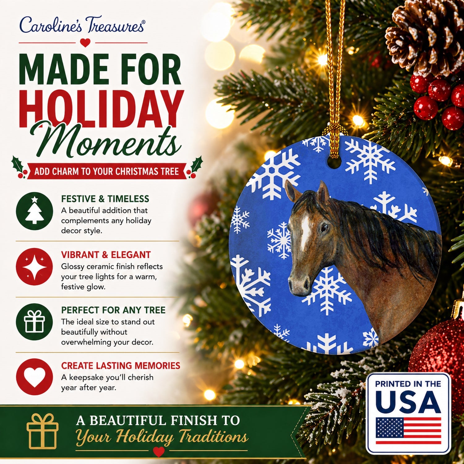 Horse Winter Snowflakes Holiday Ceramic Ornament Christmas Tree Hanging Decorations for Home Christmas Holiday, Party, Gift, 3 in, Multicolor