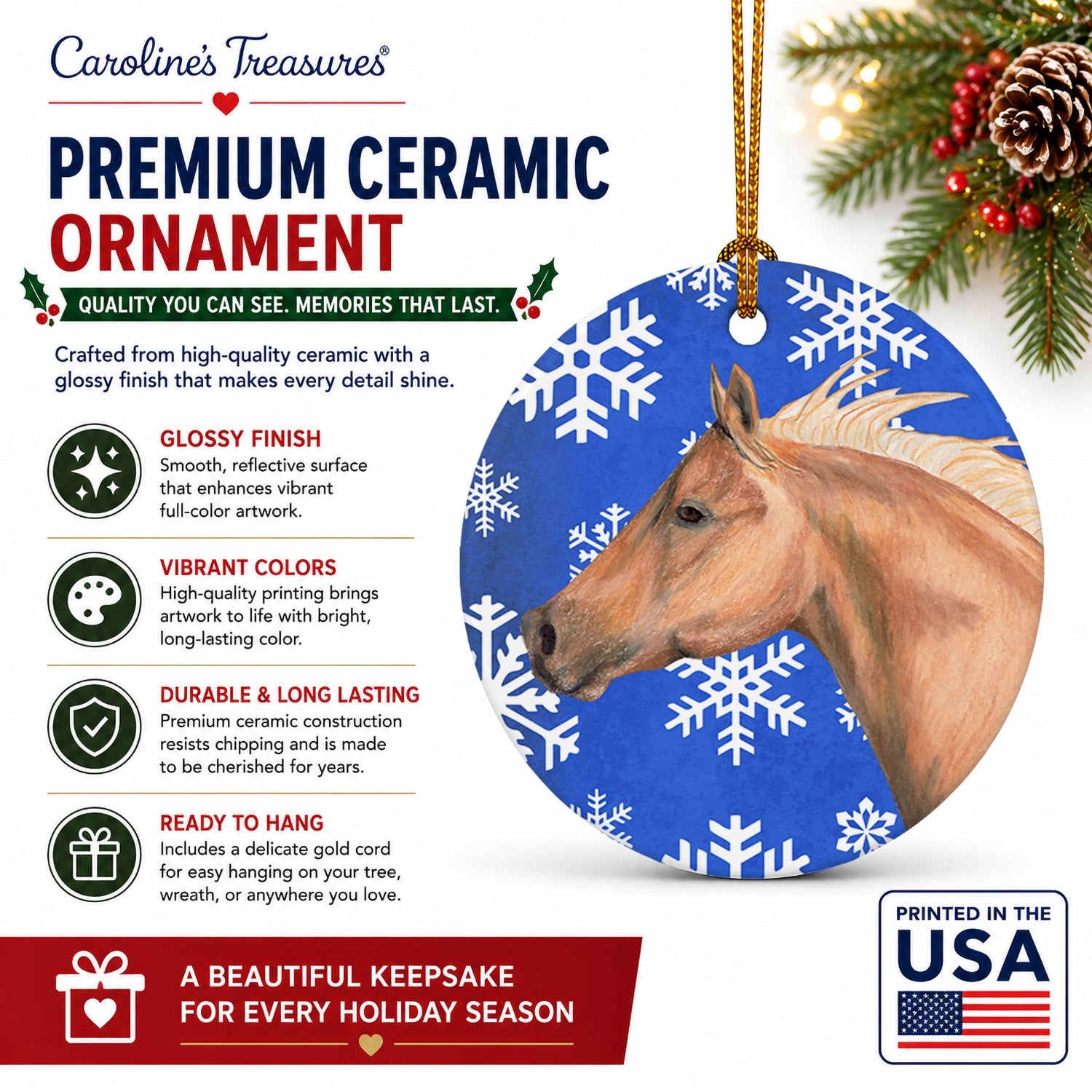 Horse Winter Snowflakes Holiday Ceramic Ornament Christmas Tree Hanging Decorations for Home Christmas Holiday, Party, Gift, 3 in, Multicolor