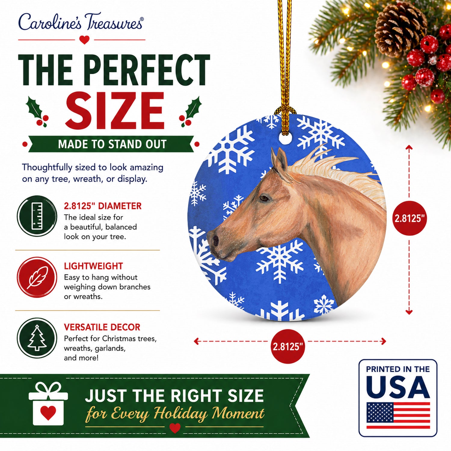 Horse Winter Snowflakes Holiday Ceramic Ornament Christmas Tree Hanging Decorations for Home Christmas Holiday, Party, Gift, 3 in, Multicolor